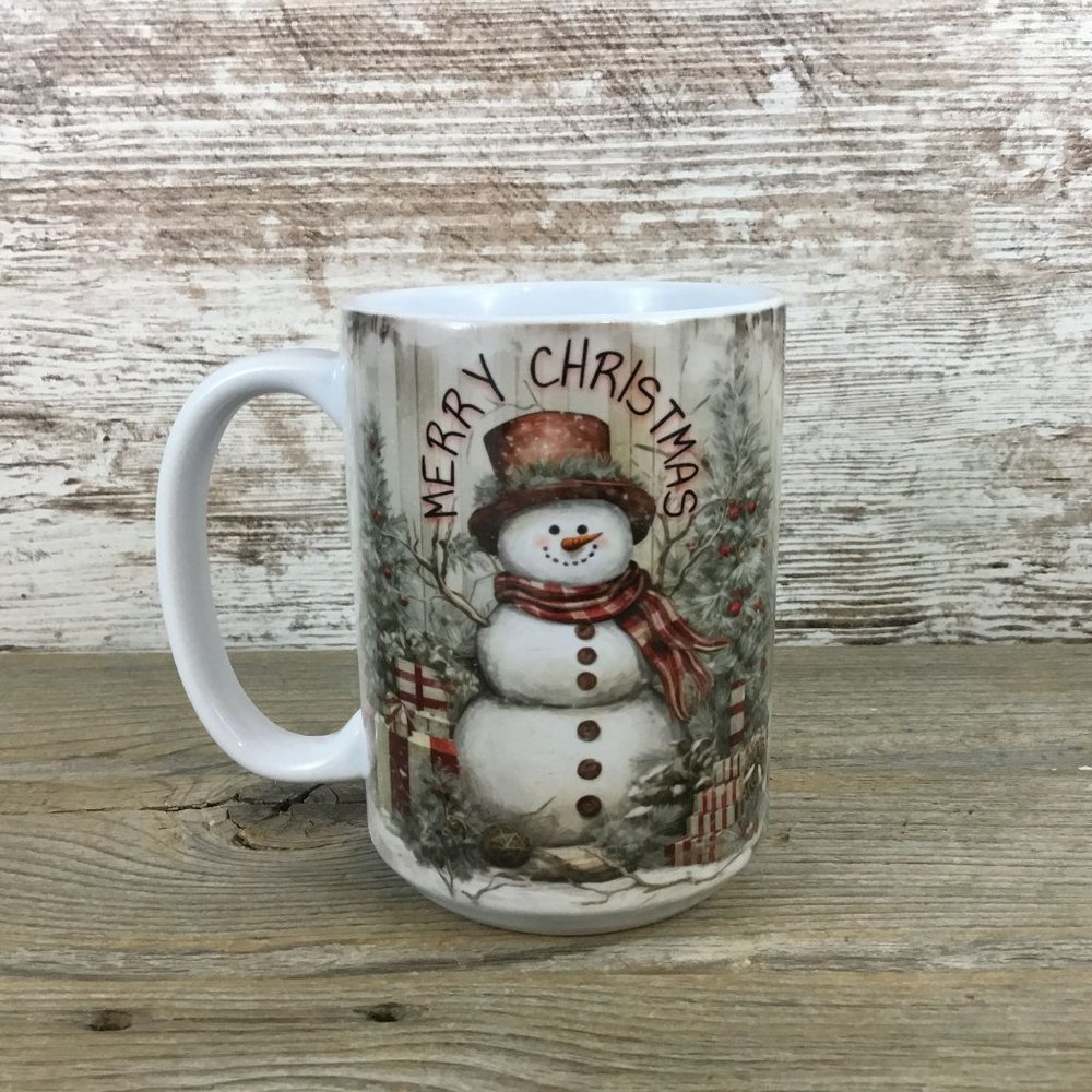 Rustic Snowman Merry Christmas 15 oz Ceramic Coffee Mug